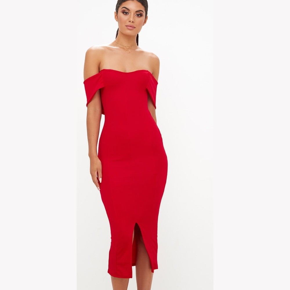 NWT Pretty Little Thing Strapless Off Shoulder Red Bodycon Midi Dress XS - Picture 2 of 11